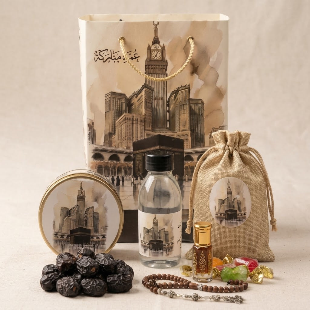 Premium Makkah Umrah Tabarruk Gift Set β Zamzam Water, Dates, Tasbih, Perfume & Sweets