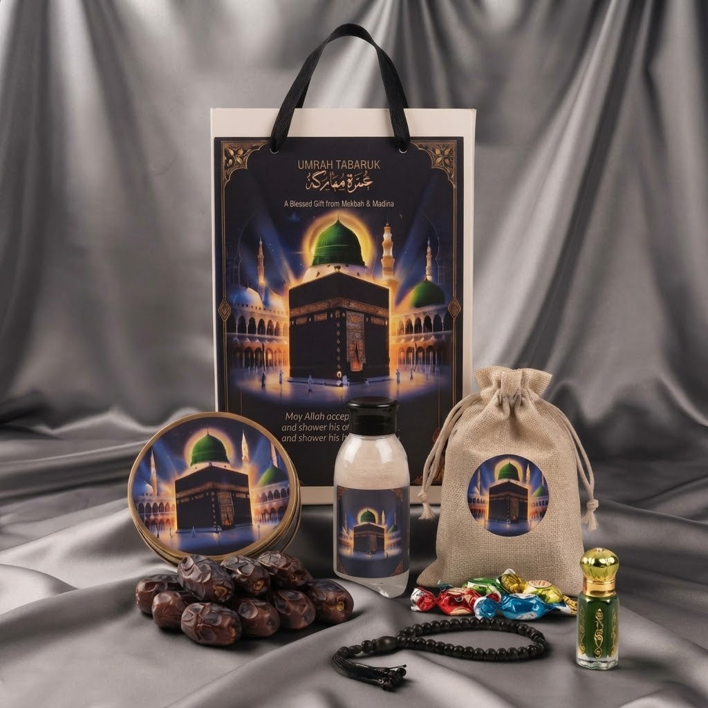 Luxury Umrah Tabarruk Gift Set β Makkah & Madinah Gift Bag with Zamzam, Dates, Tasbih & Perfume