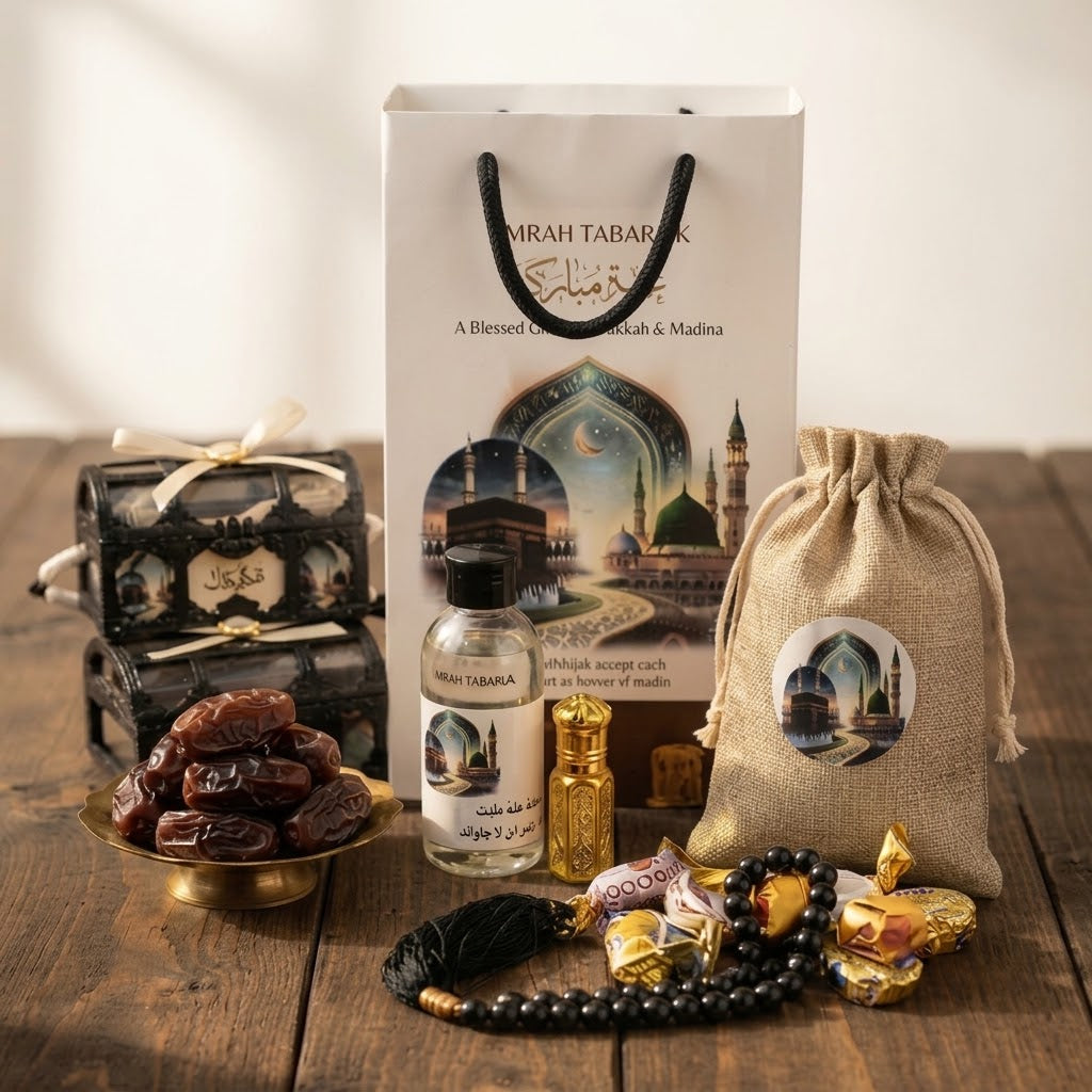 Elegant Umrah Tabarruk Gift Set β Makkah & Madinah Gift Bag with Dates, Tasbih & Perfume