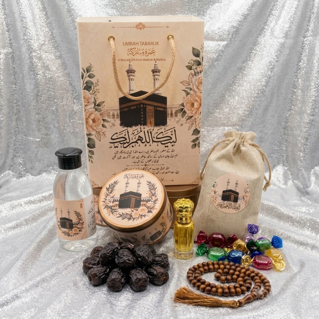 Premium Umrah Tabarruk Gift Set β Makkah Gift Bag with Zamzam, Dates, Tasbih & Sweets