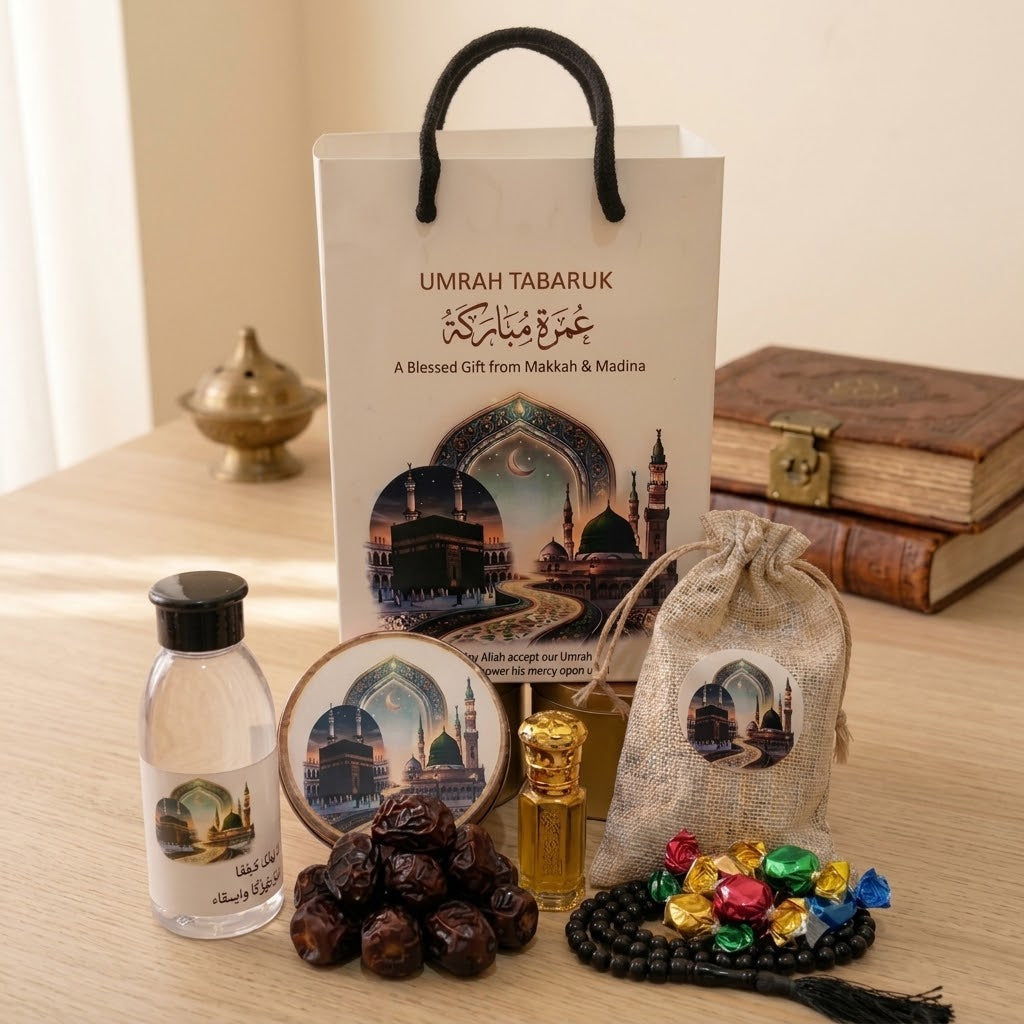 Premium Umrah Tabarruk Gift Set β Zamzam Water, Dates, Attar & Tasbih Gift Box