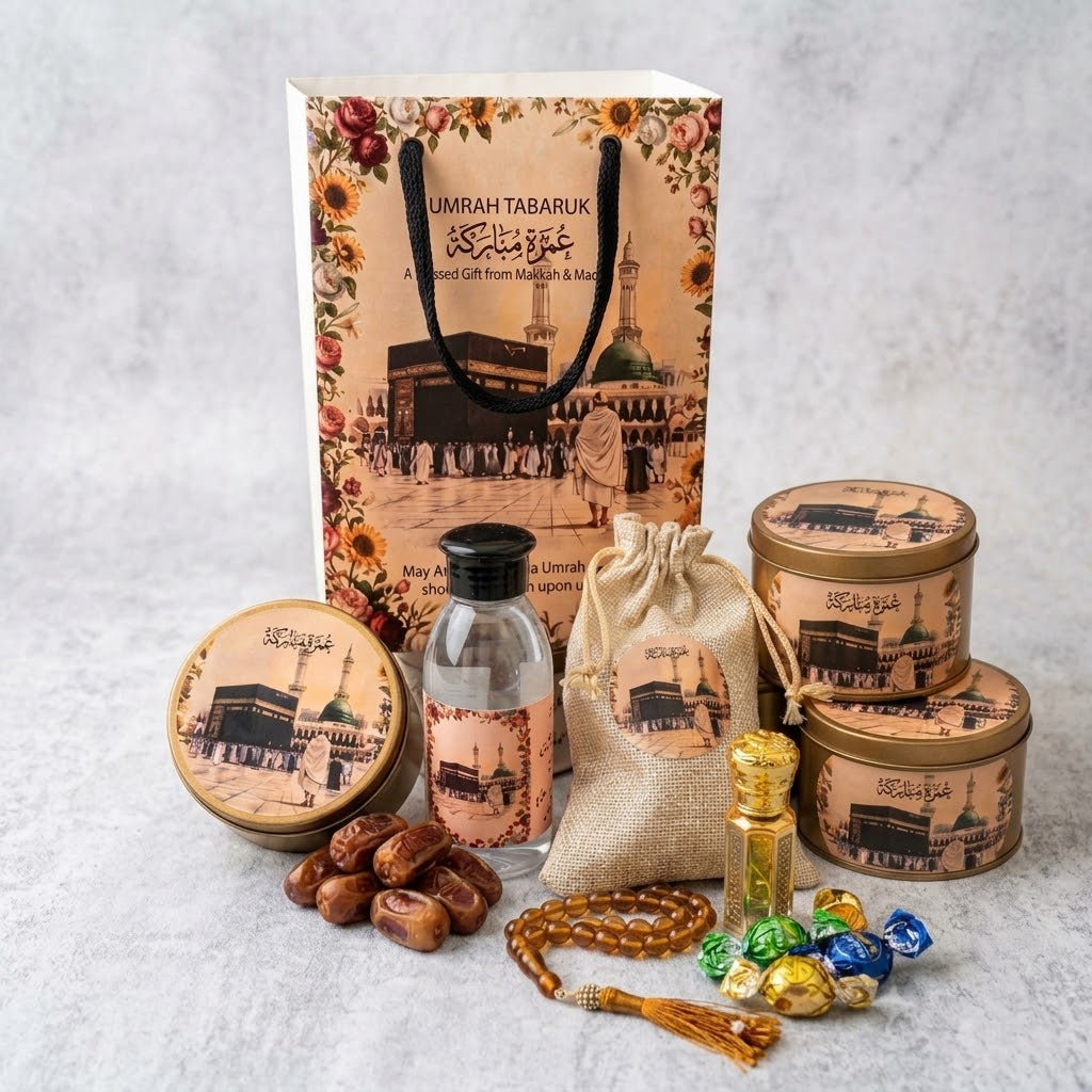 Premium Umrah Tabarruk Gift Set β Makkah & Madinah Gift Bag with Zamzam, Dates, Tasbih & Sweets