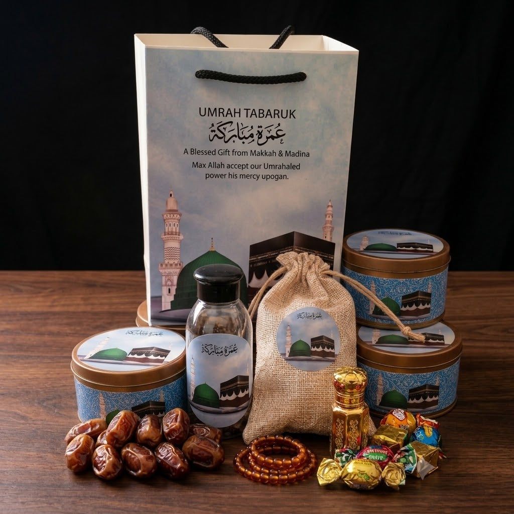 Premium Umrah Tabarruk Gift Set β Makkah & Madinah Gift Box with Zamzam, Dates, Tasbih & Sweets