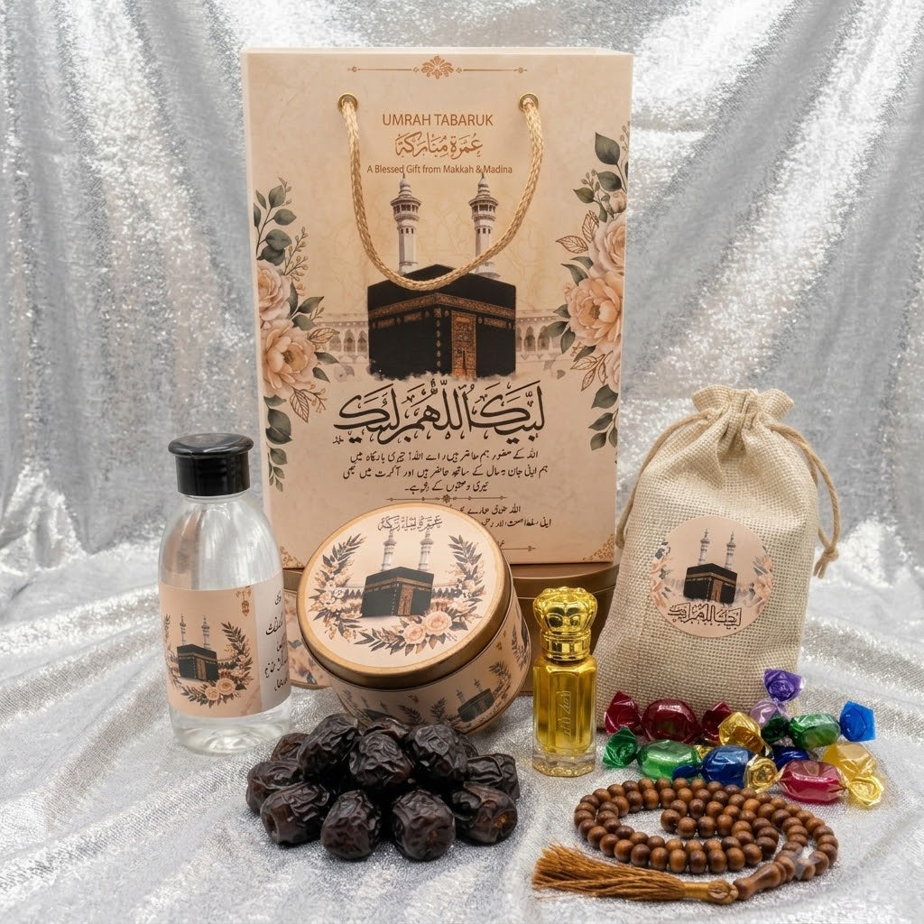 Premium Umrah Tabarruk Gift Set β Zamzam Water, Dates, Attar, Tasbih & Sweets Gift Box