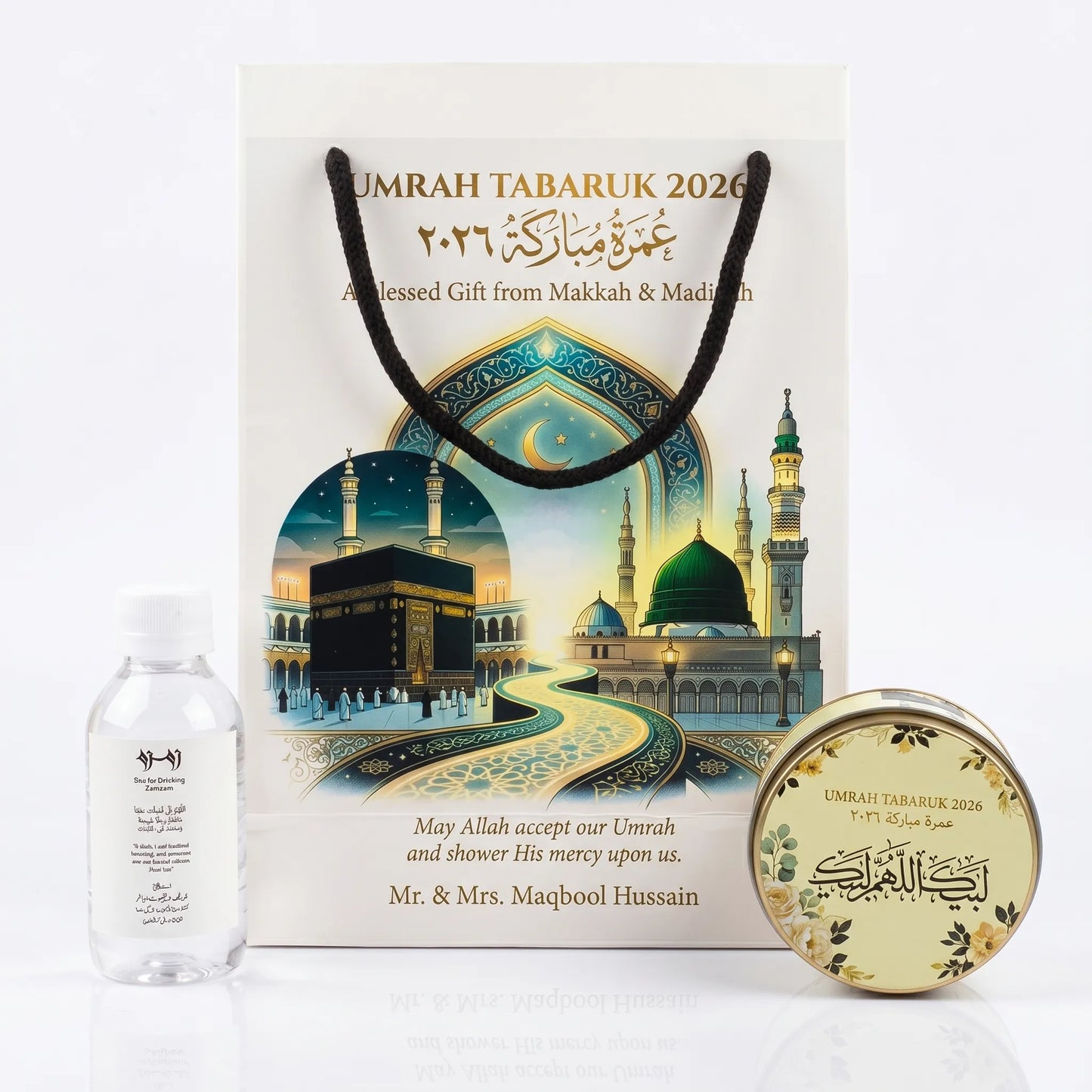 Premium Umrah Tabaruk Gift Set – Gift Bag + Zamzam Bottle + Premium Tin Box