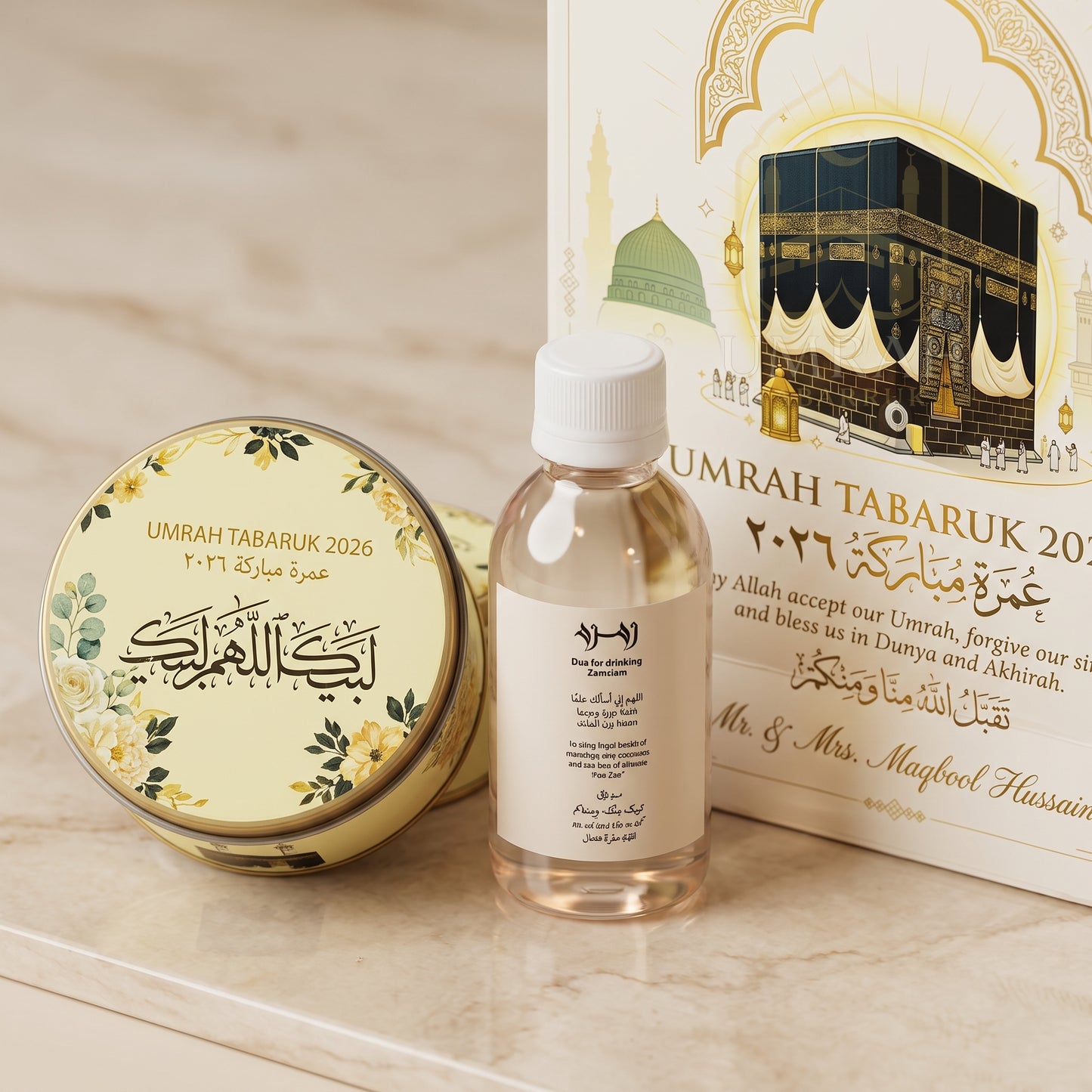 Premium Umrah Tabaruk Gift Set – Gift Bag + Zamzam Bottle + Premium Tin Box