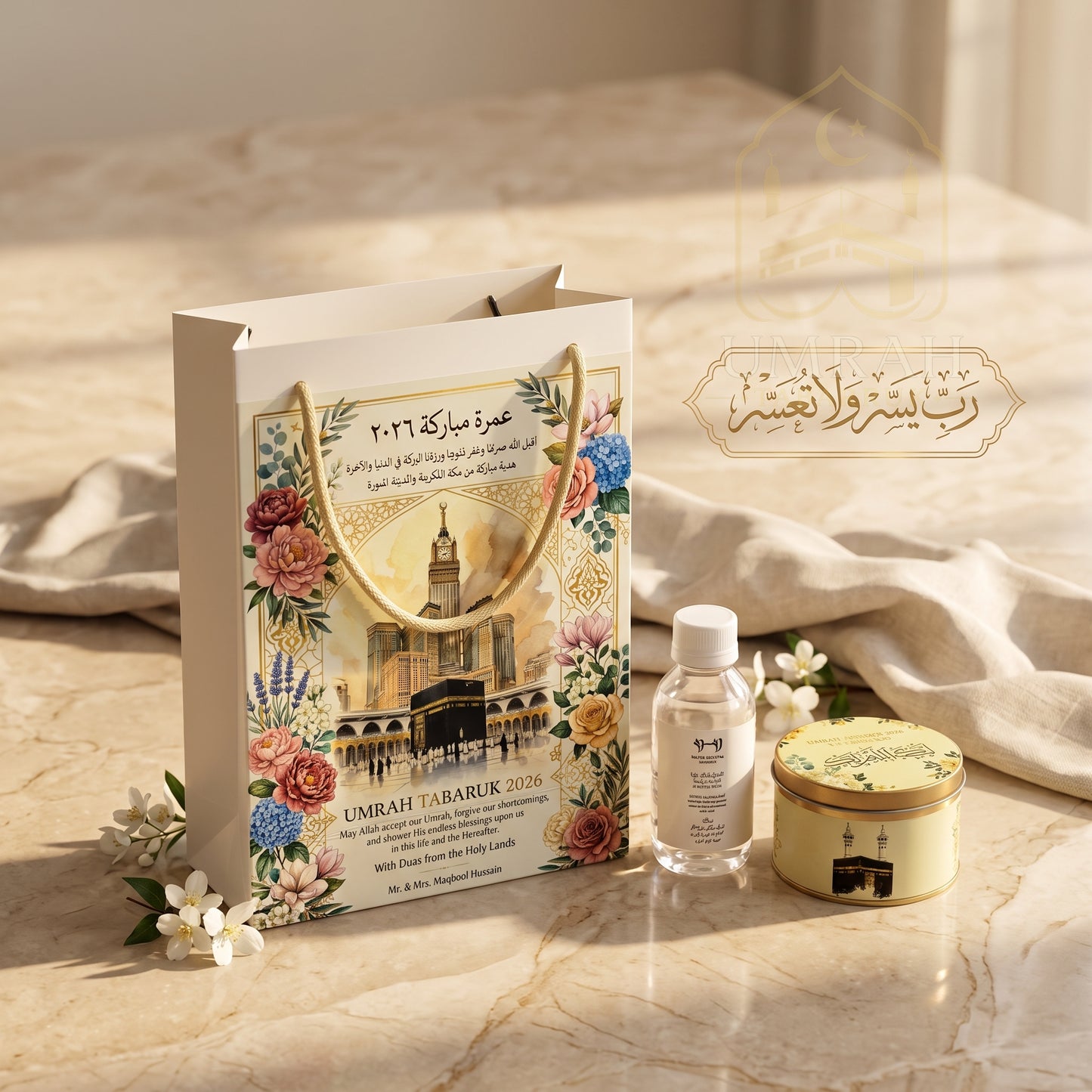 Premium Umrah Tabaruk Gift Set – Gift Bag + Zamzam Bottle + Premium Tin Box