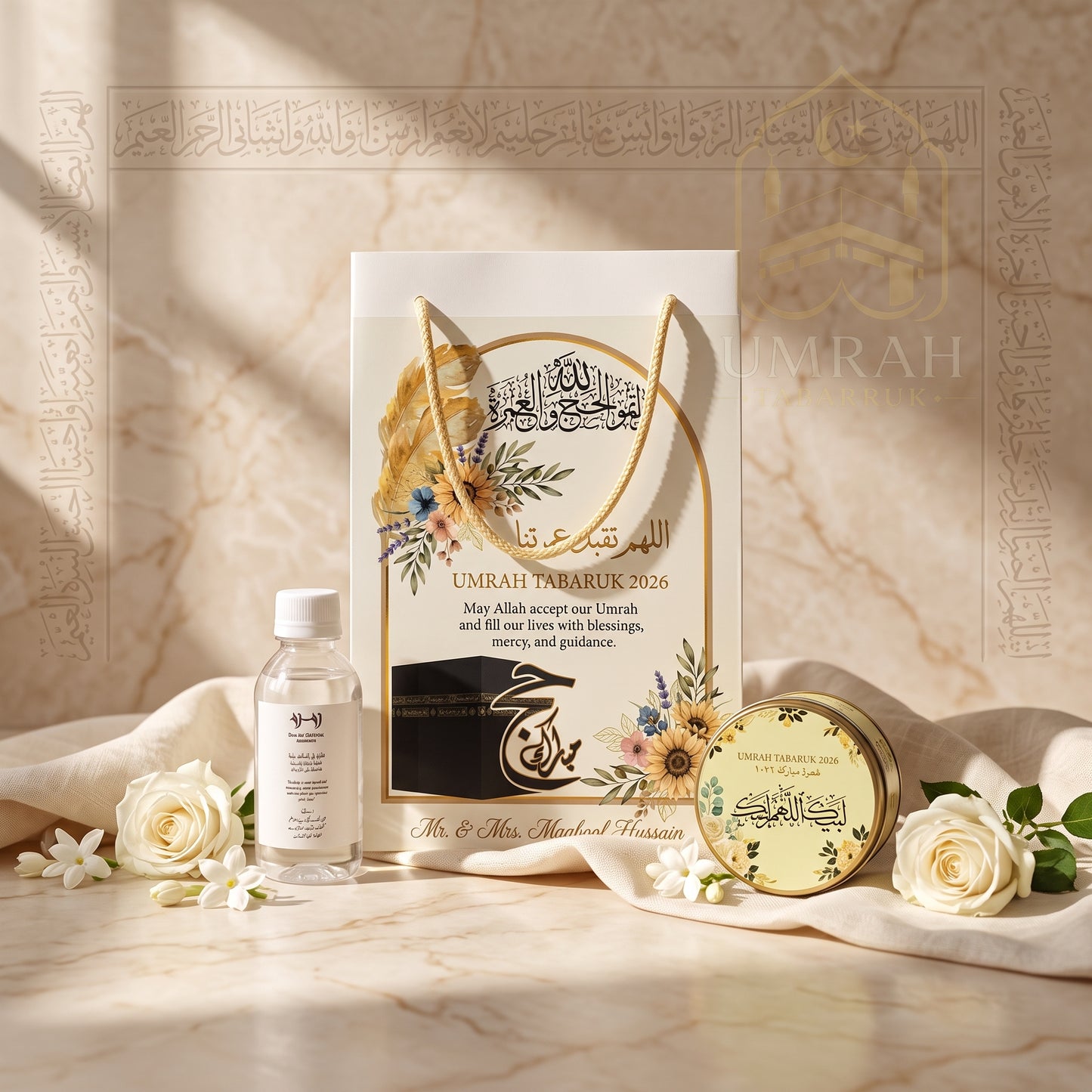 Premium Umrah Tabaruk Gift Set – Gift Bag + Zamzam Bottle + Premium Tin Box