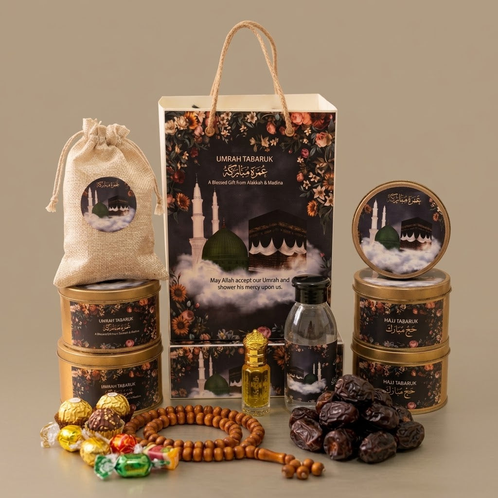 Luxury Umrah Tabarruk Gift Set β Premium Makkah & Madinah Gift Box with Dates, Zamzam, Attar & Tasbih
