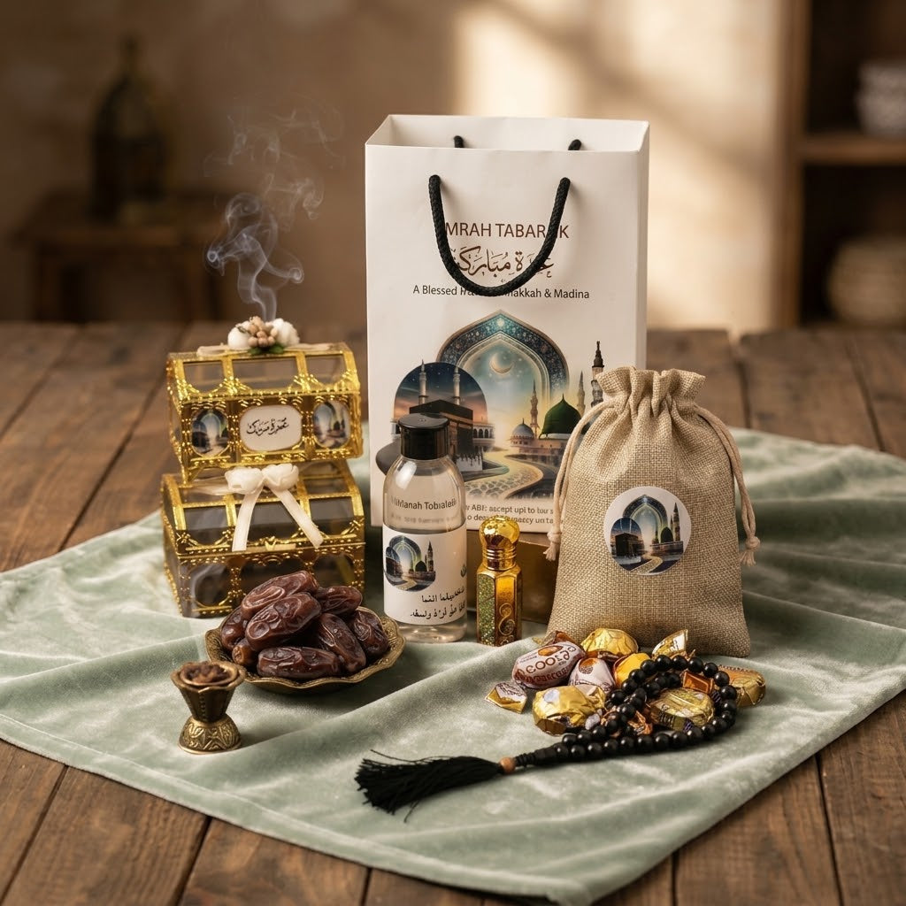 Premium Umrah Mubarak Gift Set β Dates, Attar, Tasbih & Islamic Gift Hamper