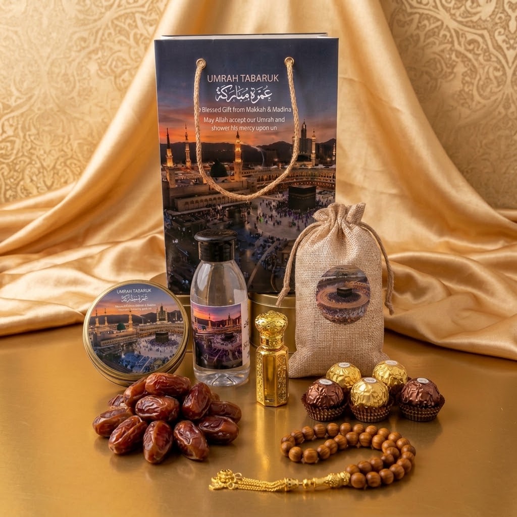 Elegant Umrah Tabarruk Hamper β Makkah & Madinah Gift Set with Zamzam, Dates, Tasbih & Chocolates
