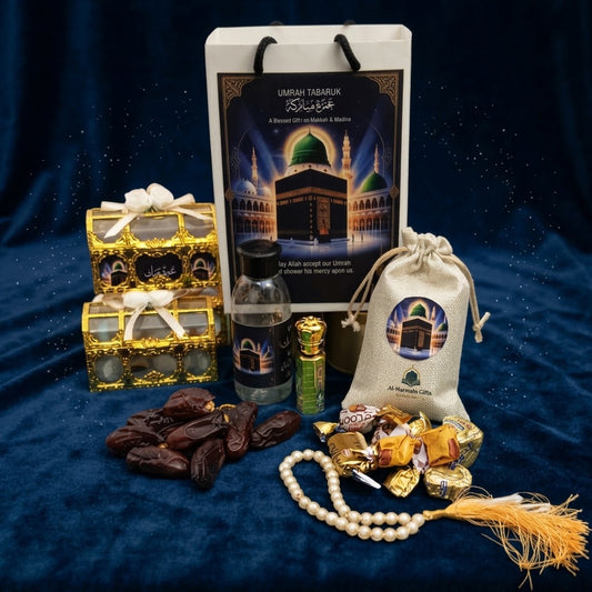 Luxury Umrah Tabarruk Gift Hamper – Premium Islamic Gift Set with Dates, Tasbih, Attar, Chocolates