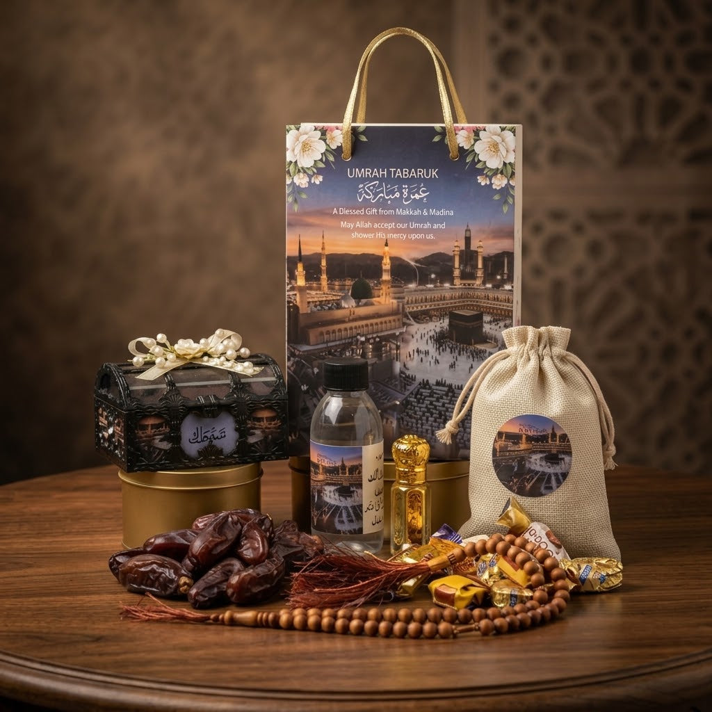 Premium Umrah Tabarruk Gift Set – Makkah & Madinah Gift Bag with Zamzam, Dates, Tasbih & Perfume