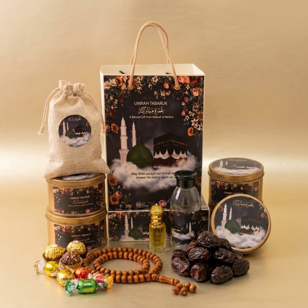 Premium Umrah Tabarruk Gift Set – Makkah & Madinah Gift Box with Zamzam, Dates, Tasbih & Chocolates