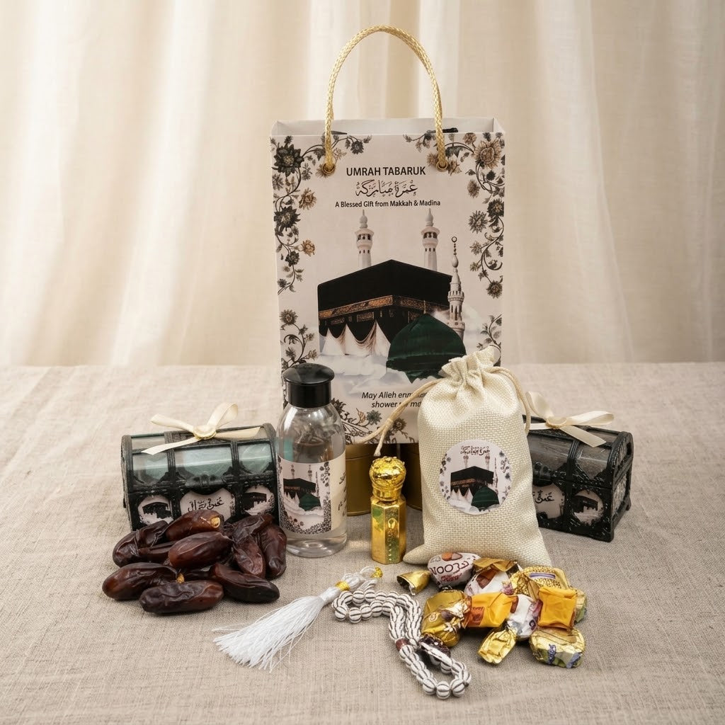 Premium Umrah Tabarruk Gift Set – Makkah & Madinah Gift Bag with Dates, Tasbih & Zamzam Bottle