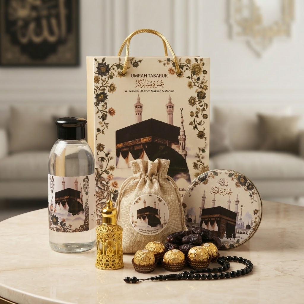 Elegant Umrah Tabarruk Gift Set – Makkah Gift Bag with Zamzam, Dates, Tasbih, Perfume & Chocolates