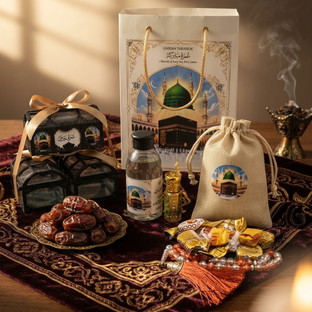 Premium Umrah Tabarruk Gift Set – Makkah & Madinah Gift Bag with Zamzam, Dates, Tasbih & Chocolates