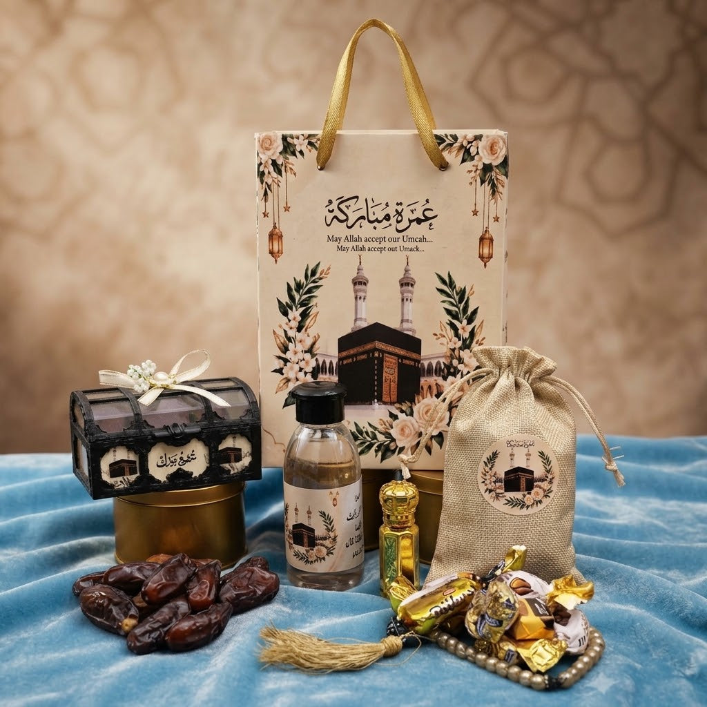 Elegant Umrah Tabarruk Gift Set – Makkah Gift Bag with Dates, Tasbih & Premium Gifts