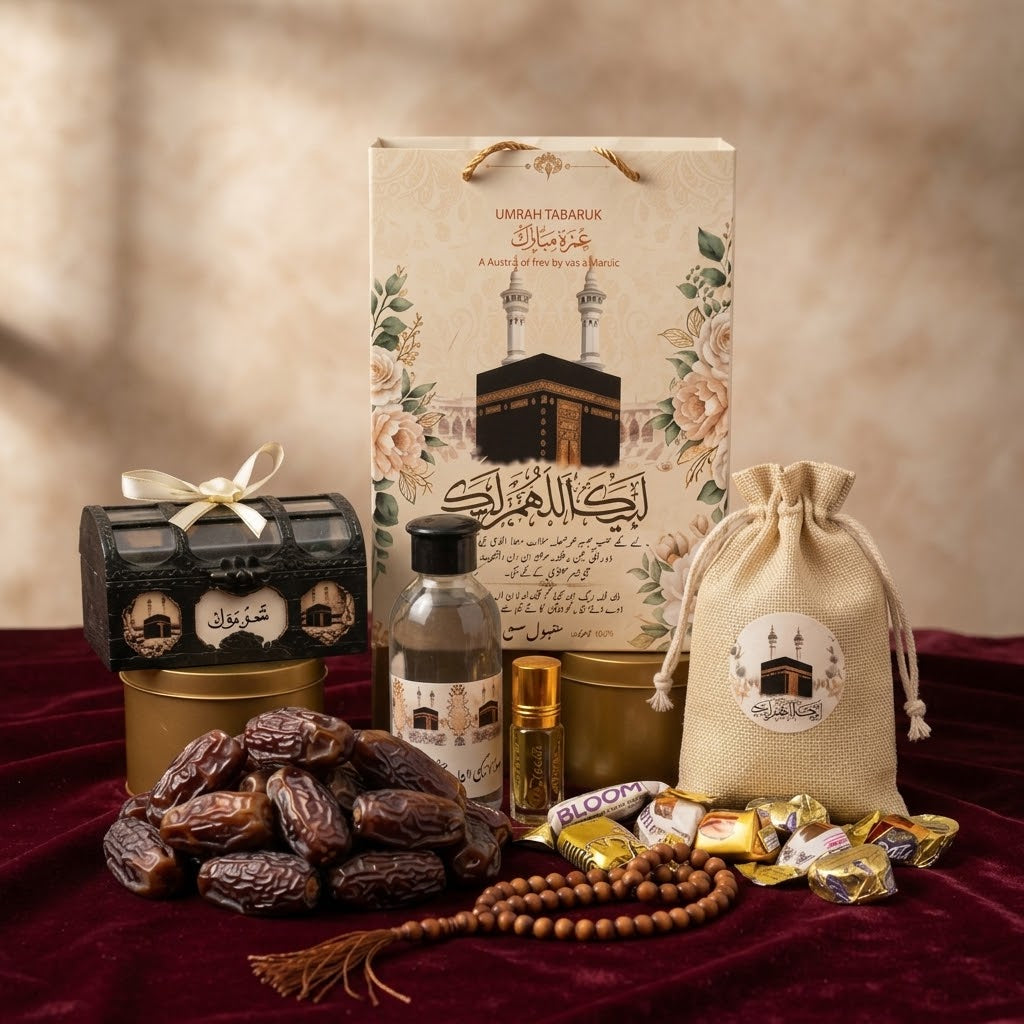 Premium Umrah Tabaruk Gift Set – Zamzam Bottle, Dates, Attar, Tasbeeh & Islamic Gift Bag