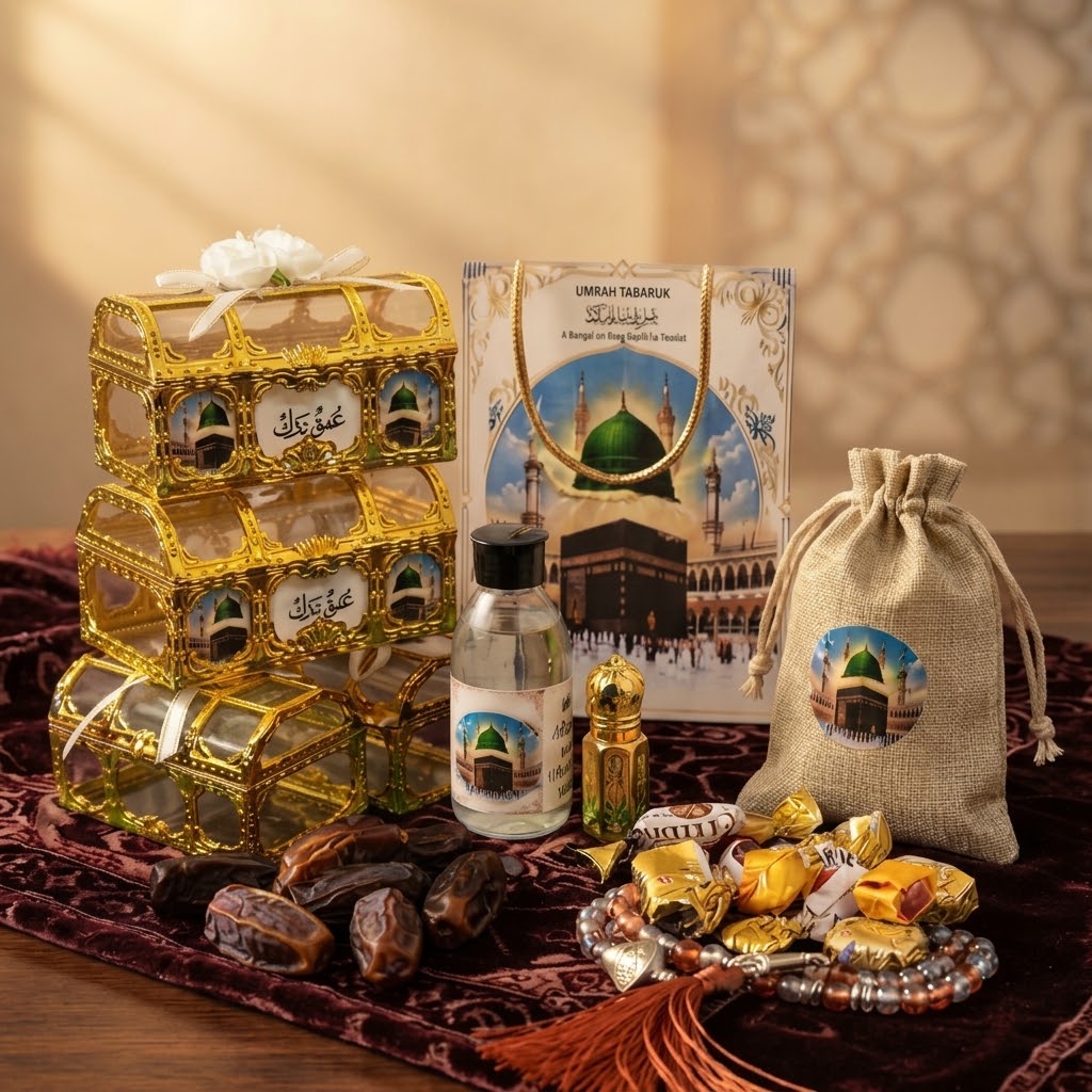 Premium Umrah Mubarak Gift Hamper – Islamic Gift Set with Dates, Tasbih, Attar, Chocolates & Decorative Gift Box