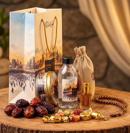 Premium Umrah Tabaruk Gift Set – Zamzam Water, Dates, Attar & Islamic Gift Box