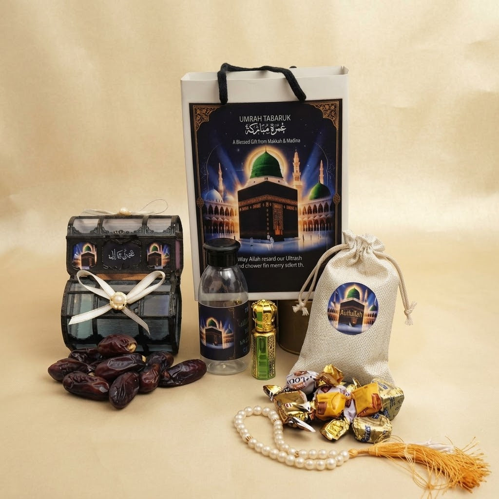 Premium Umrah Tabarruk Gift Hamper – Makkah & Madinah Gift Box with Zamzam, Dates, Tasbih & Chocolates