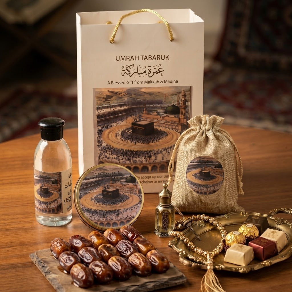 Elegant Makkah Umrah Tabarruk Gift Set – Zamzam Water, Premium Dates, Tasbih, Perfume & Chocolates