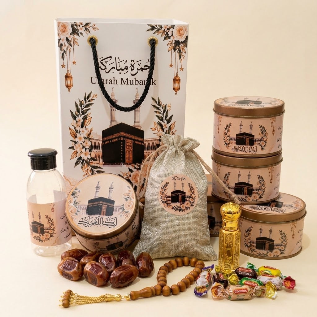 Premium Umrah Tabarruk Gift Set – Zamzam Bottle, Dates, Tasbih & Gift Box
