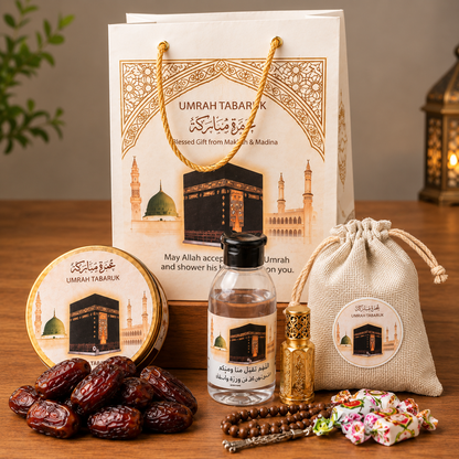 Premium Umrah Tabaruk Gift Set – Zamzam Water, Dates, Attar & Islamic Gift Box