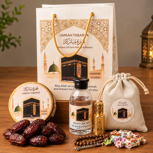 Premium Umrah Tabaruk Gift Set – Zamzam Water, Dates, Attar & Islamic Gift Box