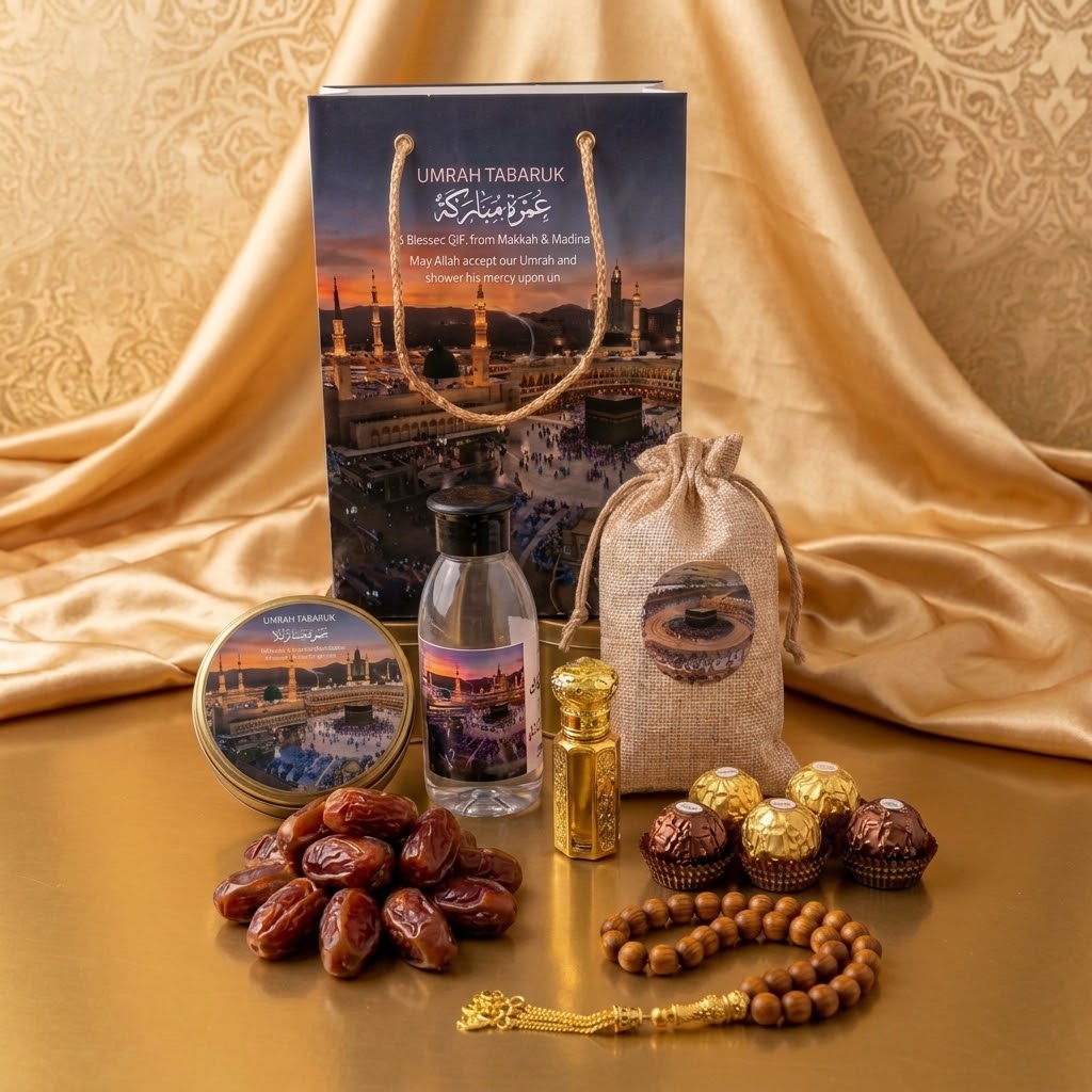 Premium Umrah Tabarruk Gift Set – Makkah & Madinah Gift Box with Zamzam Bottle, Dates & Tasbih