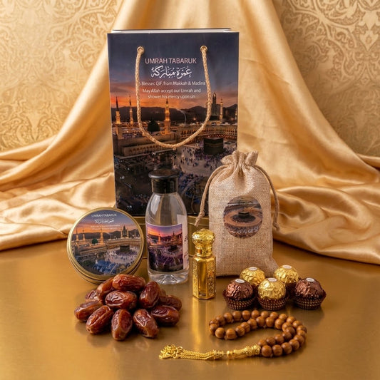 Premium Umrah Tabarruk Gift Set – Makkah & Madinah Gift Box with Zamzam Bottle, Dates & Tasbih