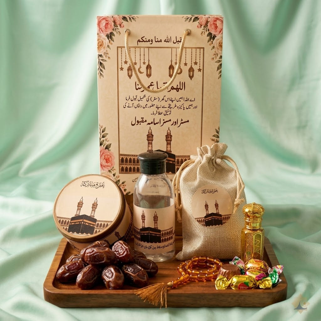 Premium Umrah Tabarruk Gift Box – Zamzam, Dates, Tasbih & Attar Gift Set