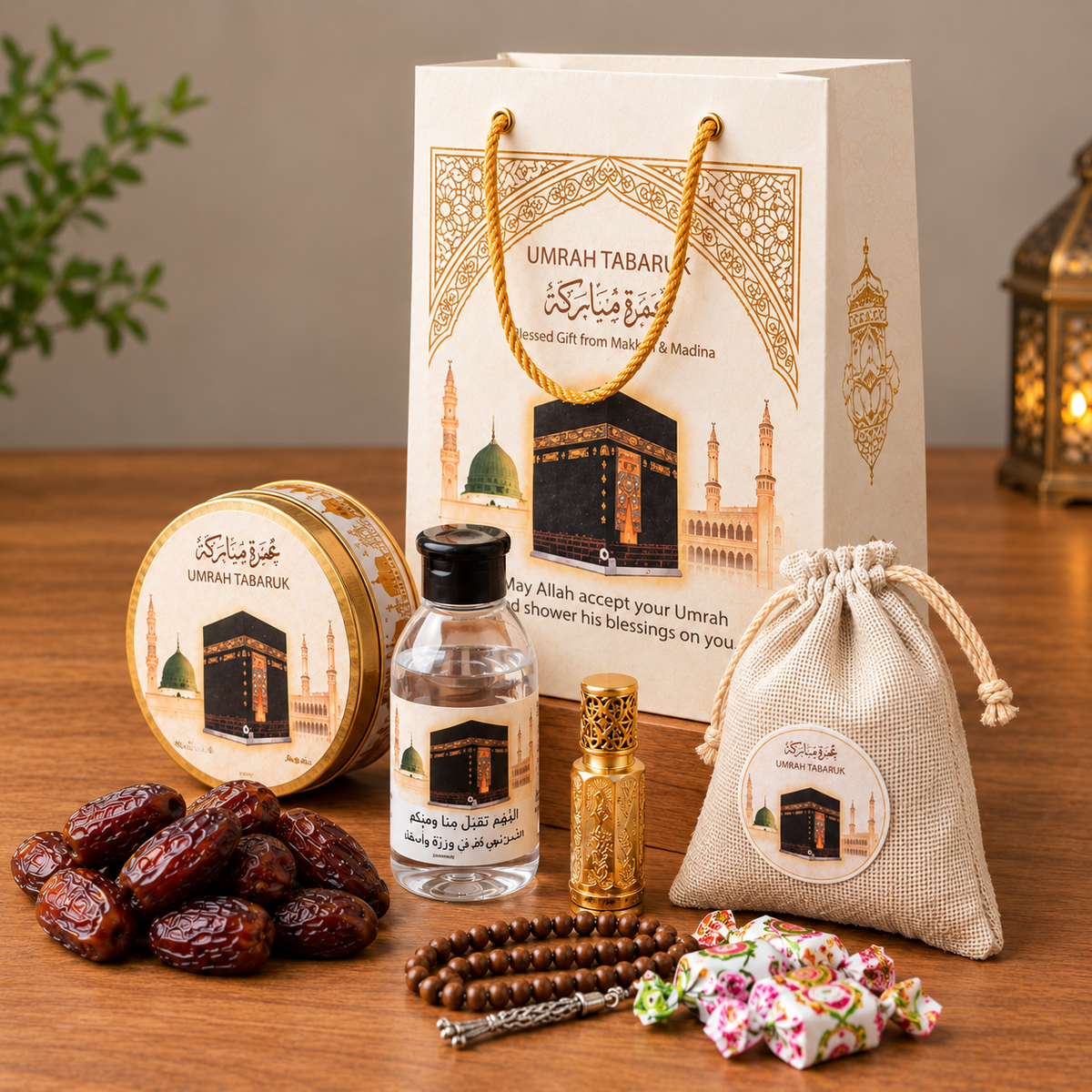 Premium Umrah Tabaruk Gift Set – Zamzam Water, Dates, Attar & Islamic Gift Box