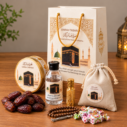 Premium Umrah Tabaruk Gift Set – Zamzam Water, Dates, Attar & Islamic Gift Box