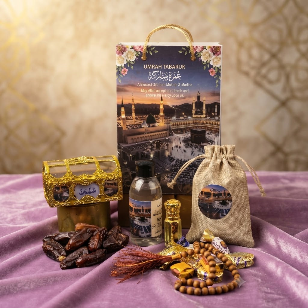 Premium Umrah Tabarruk Gift Hamper – Islamic Umrah Mubarak Gift Set with Dates, Tasbih, Zamzam Bottle, Attar & Chocolates