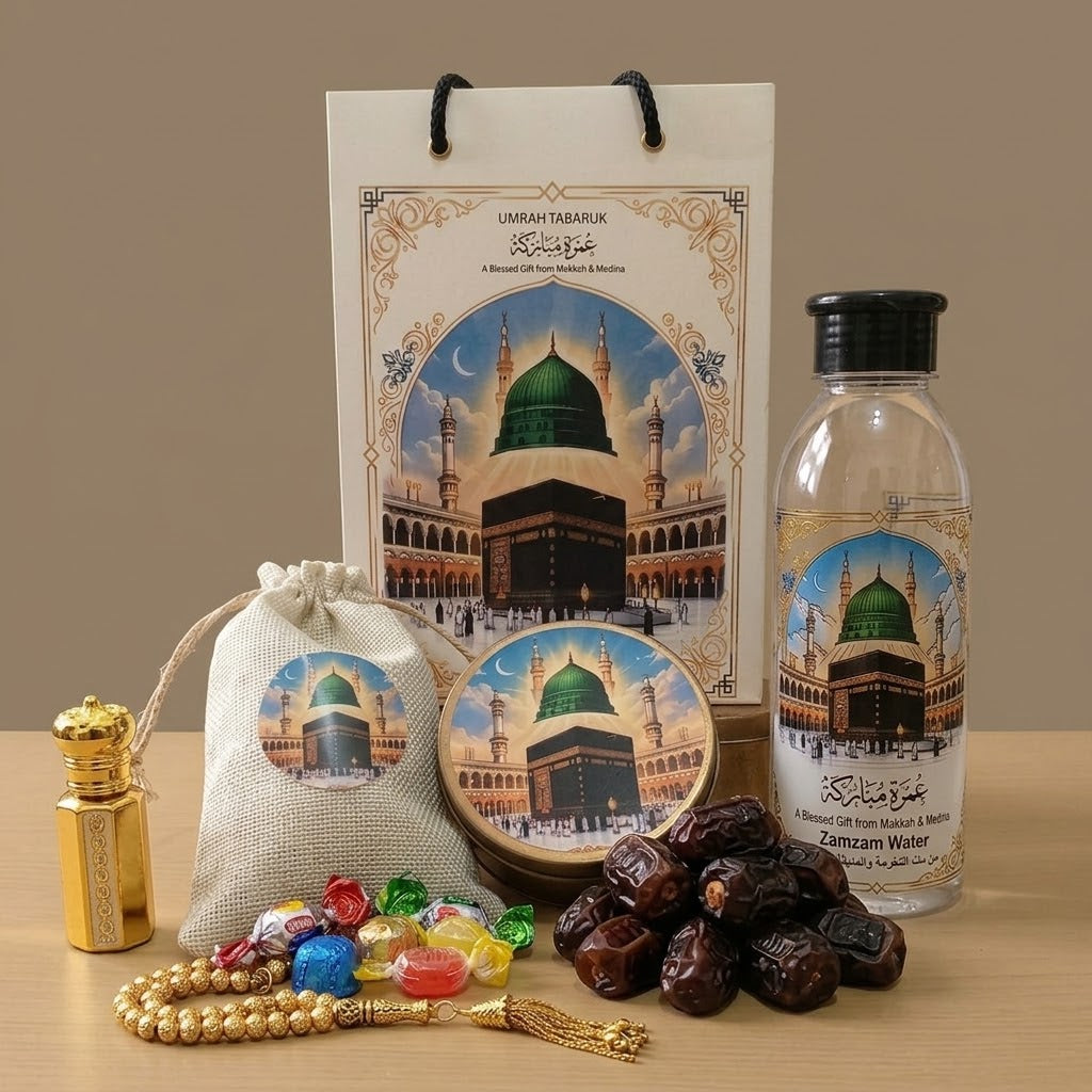 Premium Umrah Tabarruk Gift Set – Zamzam Water, Dates, Tasbih & Attar Gift Box