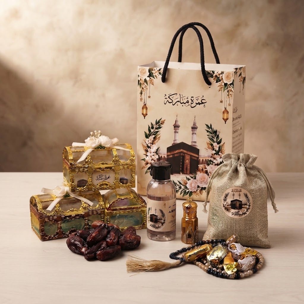 Premium Umrah Tabarruk Gift Hamper – Islamic Umrah Mubarak Gift Set with Dates, Tasbih, Zamzam Bottle, Attar & Chocolates (Copy)