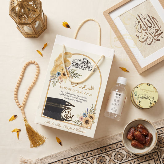 Premium Umrah Tabaruk Gift Set – Gift Bag + Zamzam Bottle + Premium Tin Box