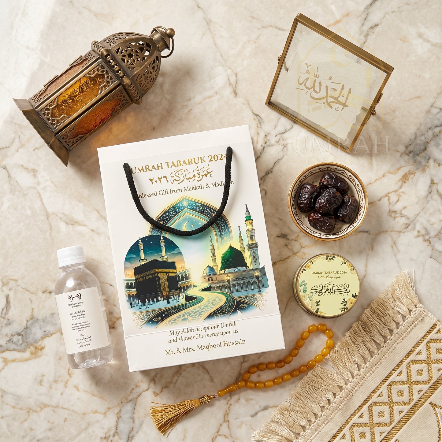 Premium Umrah Tabaruk Gift Set – Gift Bag + Zamzam Bottle + Premium Tin Box