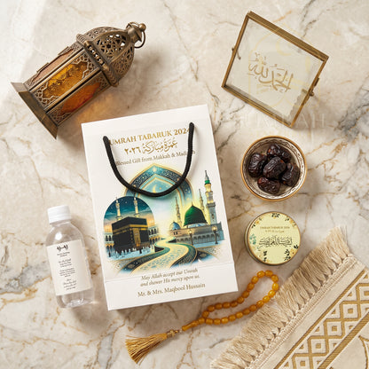 Premium Umrah Tabaruk Gift Set – Gift Bag + Zamzam Bottle + Premium Tin Box