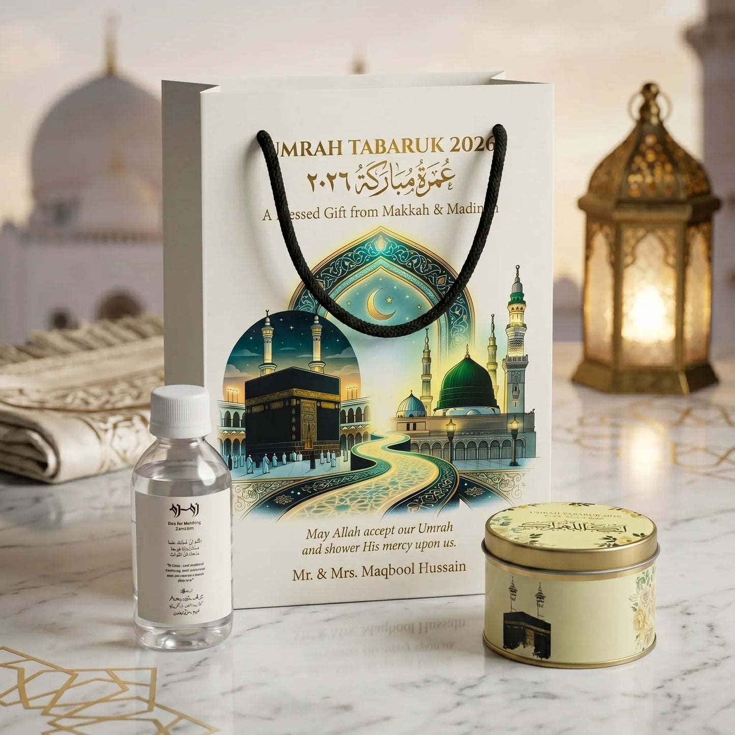 Premium Umrah Tabaruk Gift Set – Gift Bag + Zamzam Bottle + Premium Tin Box
