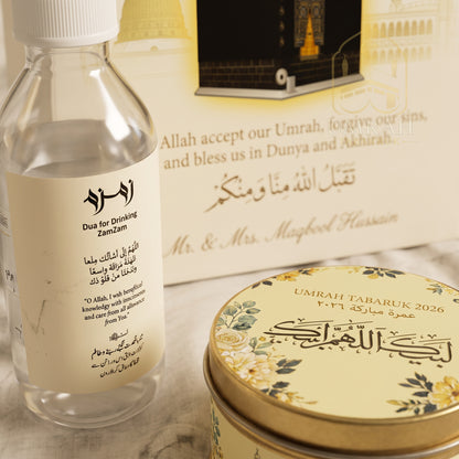 Premium Umrah Tabaruk Gift Set – Gift Bag + Zamzam Bottle + Premium Tin Box