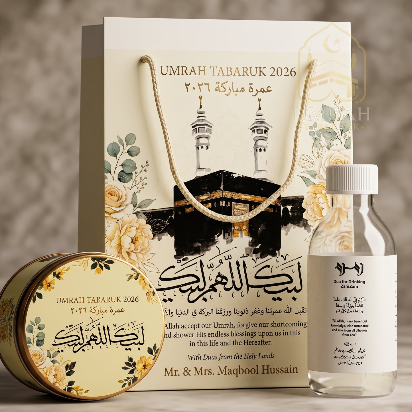 Premium Umrah Tabaruk Gift Set – Gift Bag + Zamzam Bottle + Premium Tin Box
