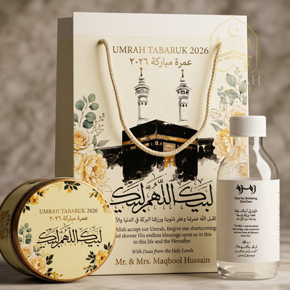 Premium Umrah Tabaruk Gift Set – Gift Bag + Zamzam Bottle + Premium Tin Box