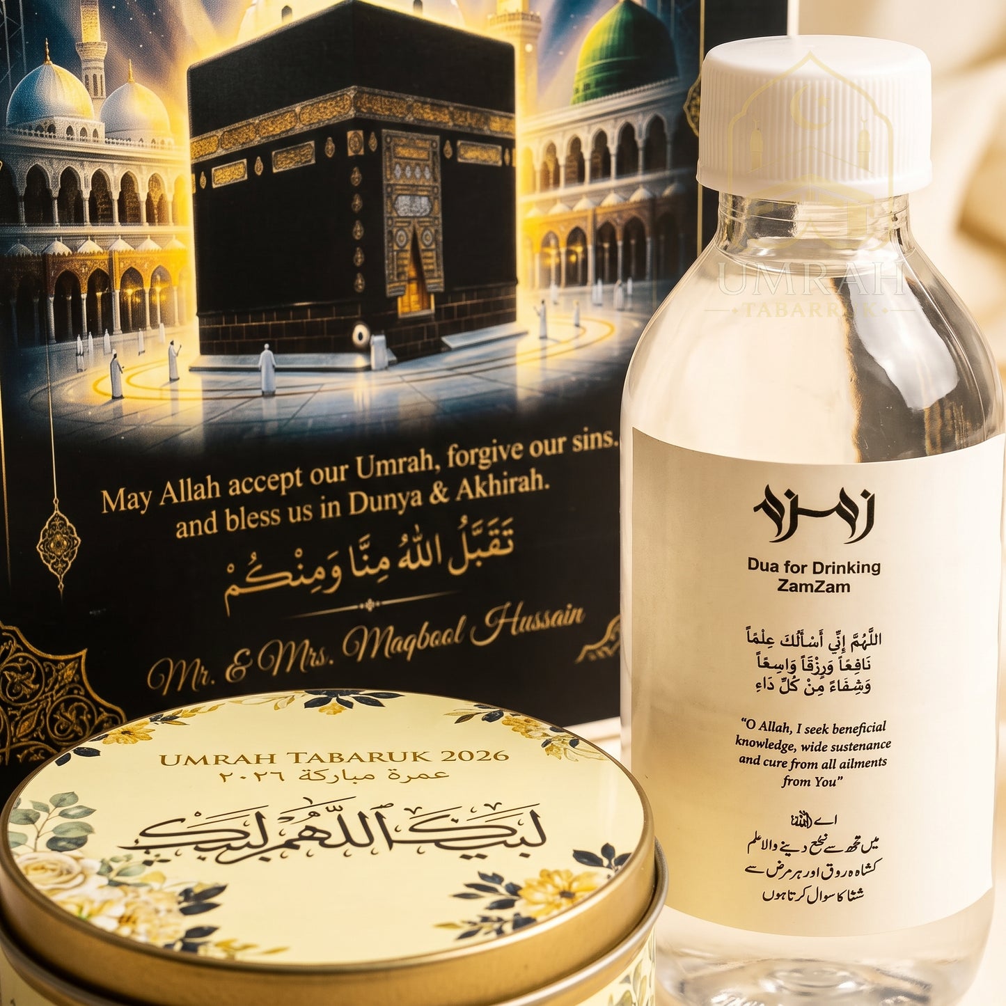 Premium Umrah Tabaruk Gift Set – Gift Bag + Zamzam Bottle + Premium Tin Box