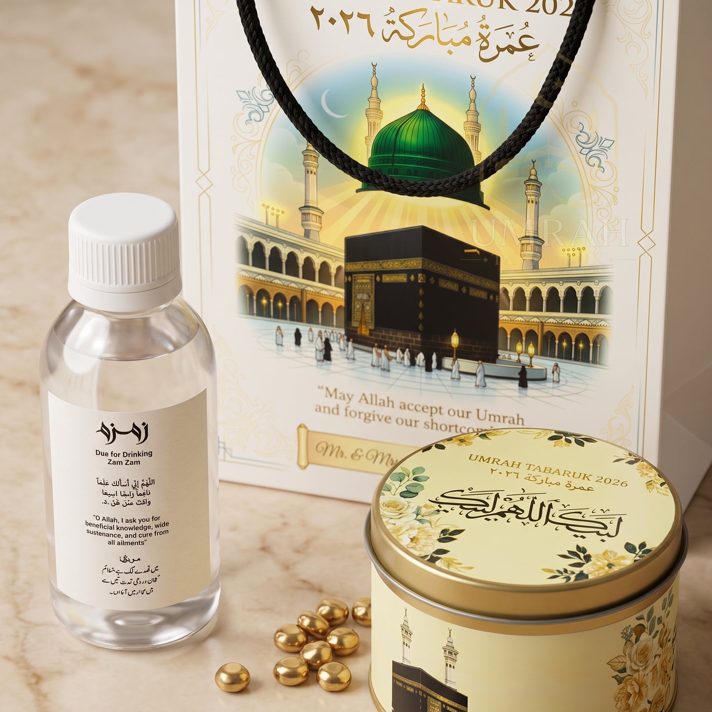Premium Umrah Tabaruk Gift Set – Gift Bag + Zamzam Bottle + Premium Tin Box