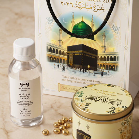 Premium Umrah Tabaruk Gift Set – Gift Bag + Zamzam Bottle + Premium Tin Box
