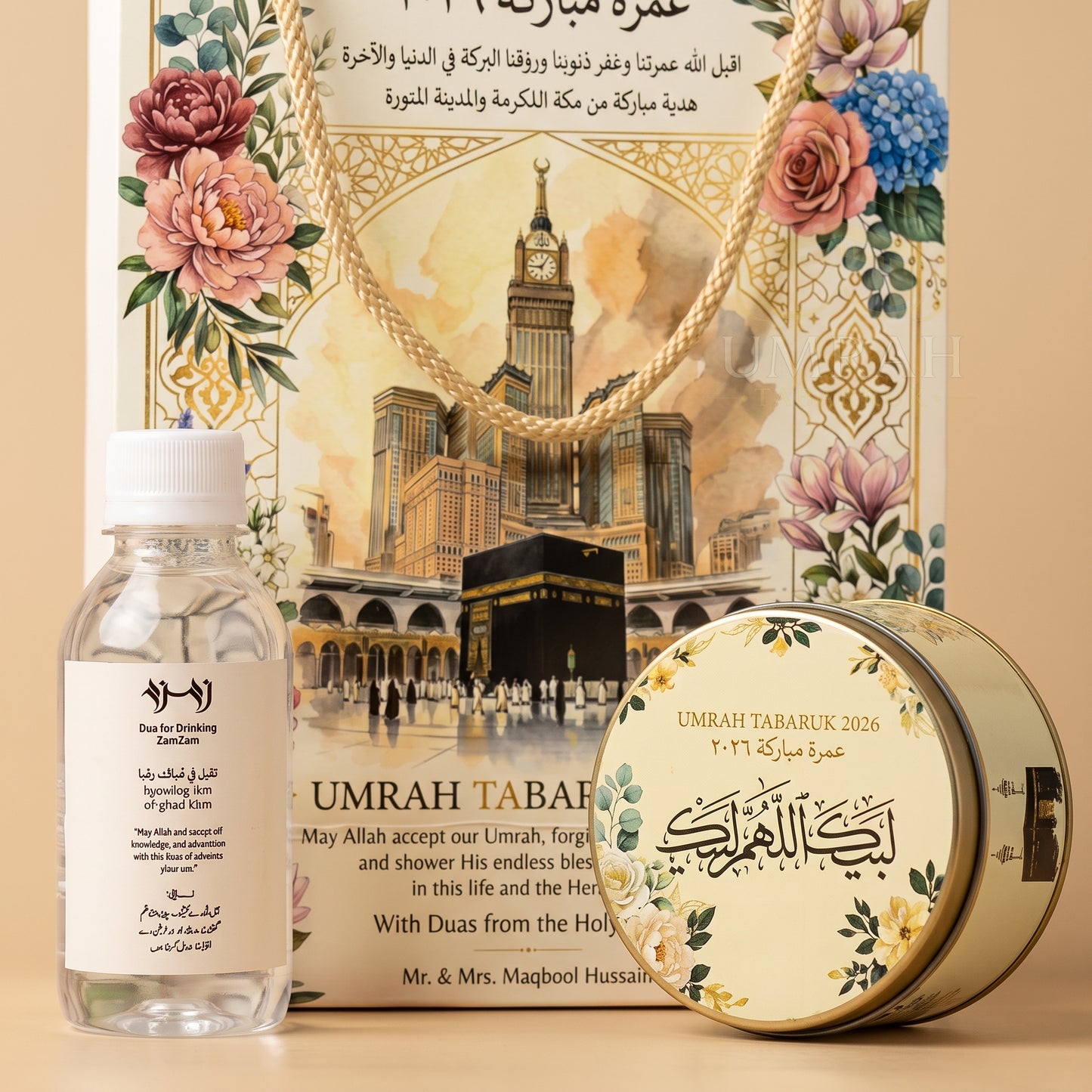 Premium Umrah Tabaruk Gift Set – Gift Bag + Zamzam Bottle + Premium Tin Box