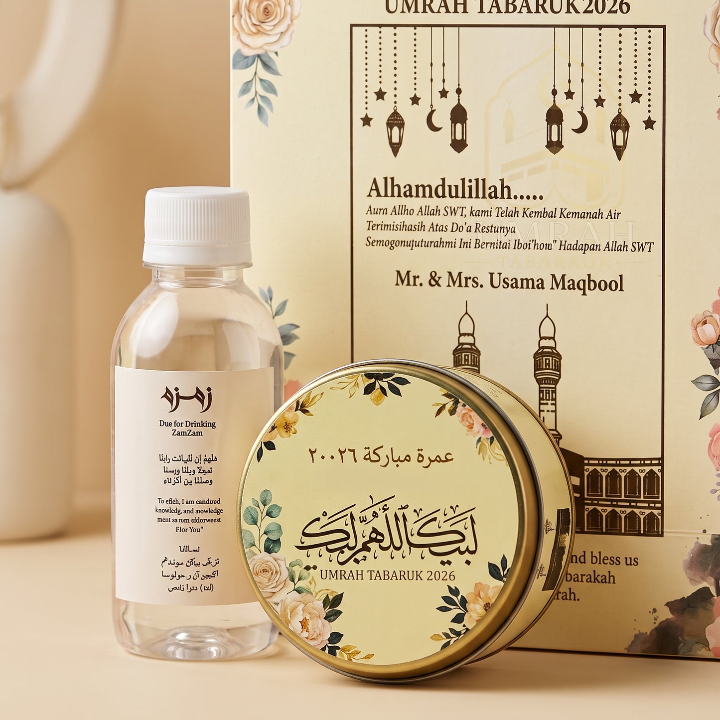Premium Umrah Tabaruk Gift Set – Gift Bag + Zamzam Bottle + Premium Tin Box